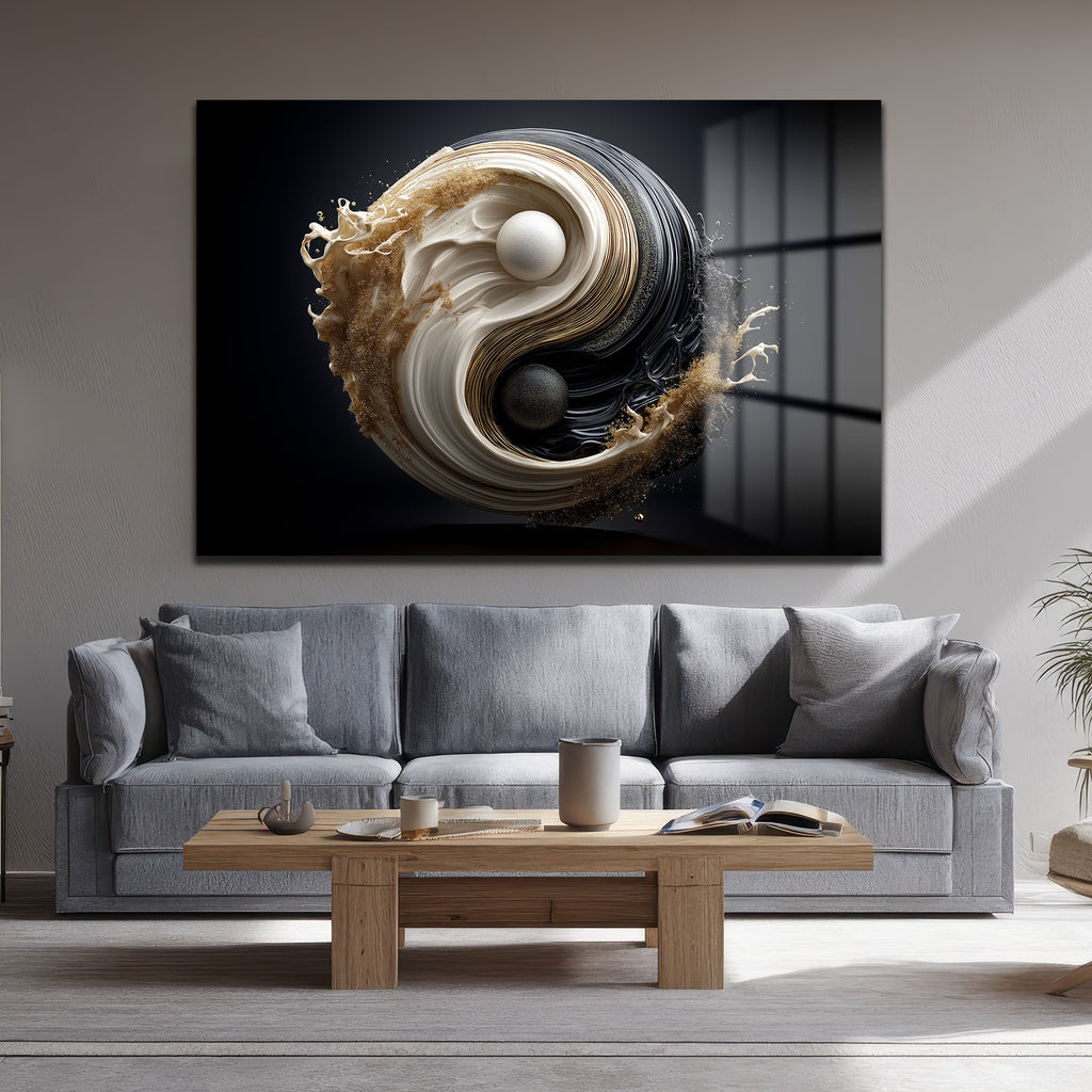 Yin Yang Enerjisi Siyah Beyaz Altın Detaylı Modern Cam Tablo