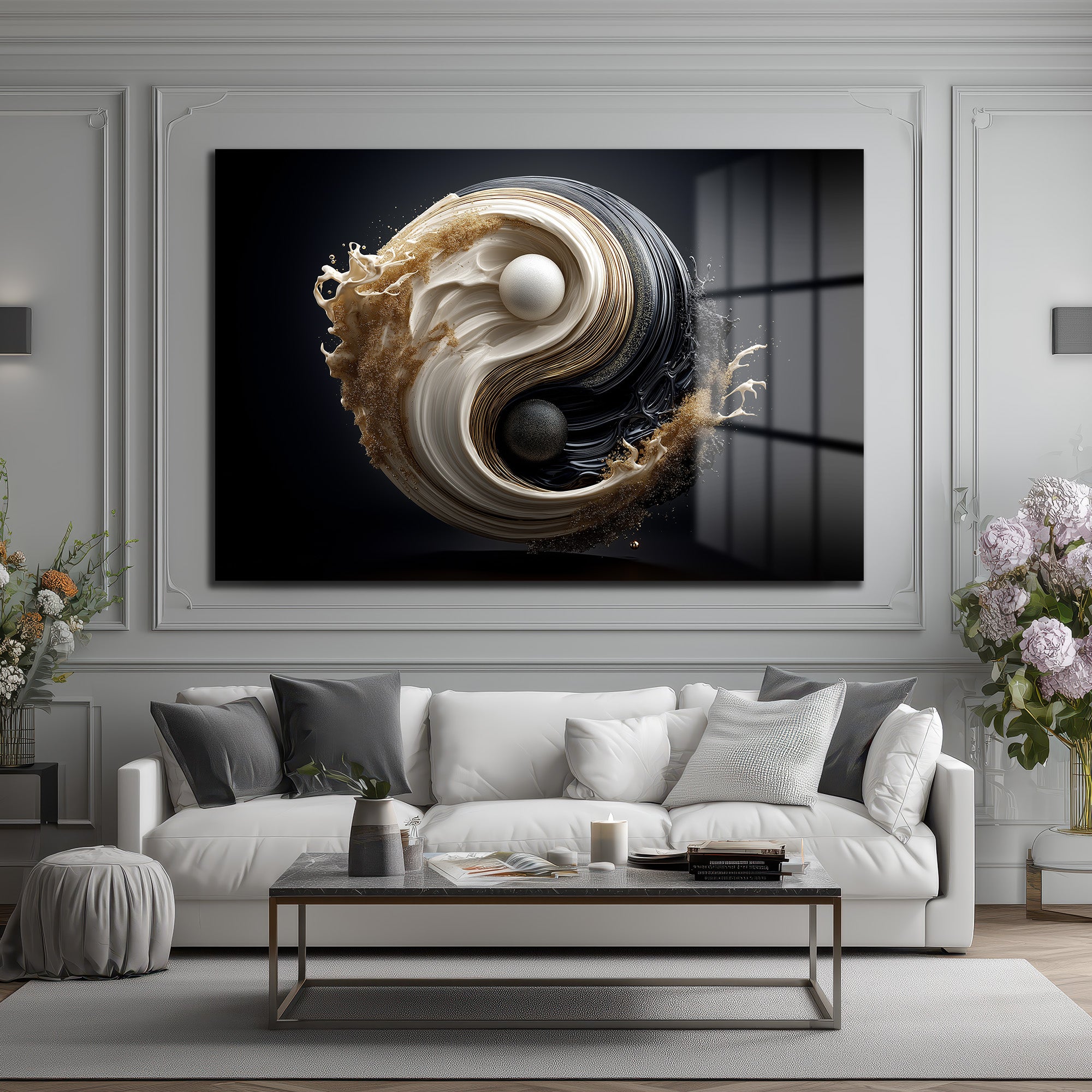 Yin Yang Enerjisi Siyah Beyaz Altın Detaylı Modern Cam Tablo