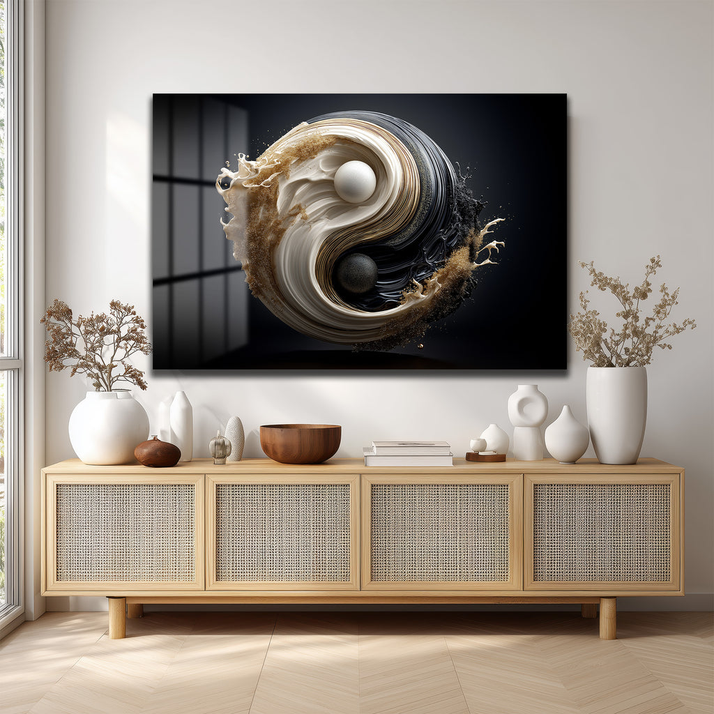 Yin Yang Enerjisi Siyah Beyaz Altın Detaylı Modern Cam Tablo