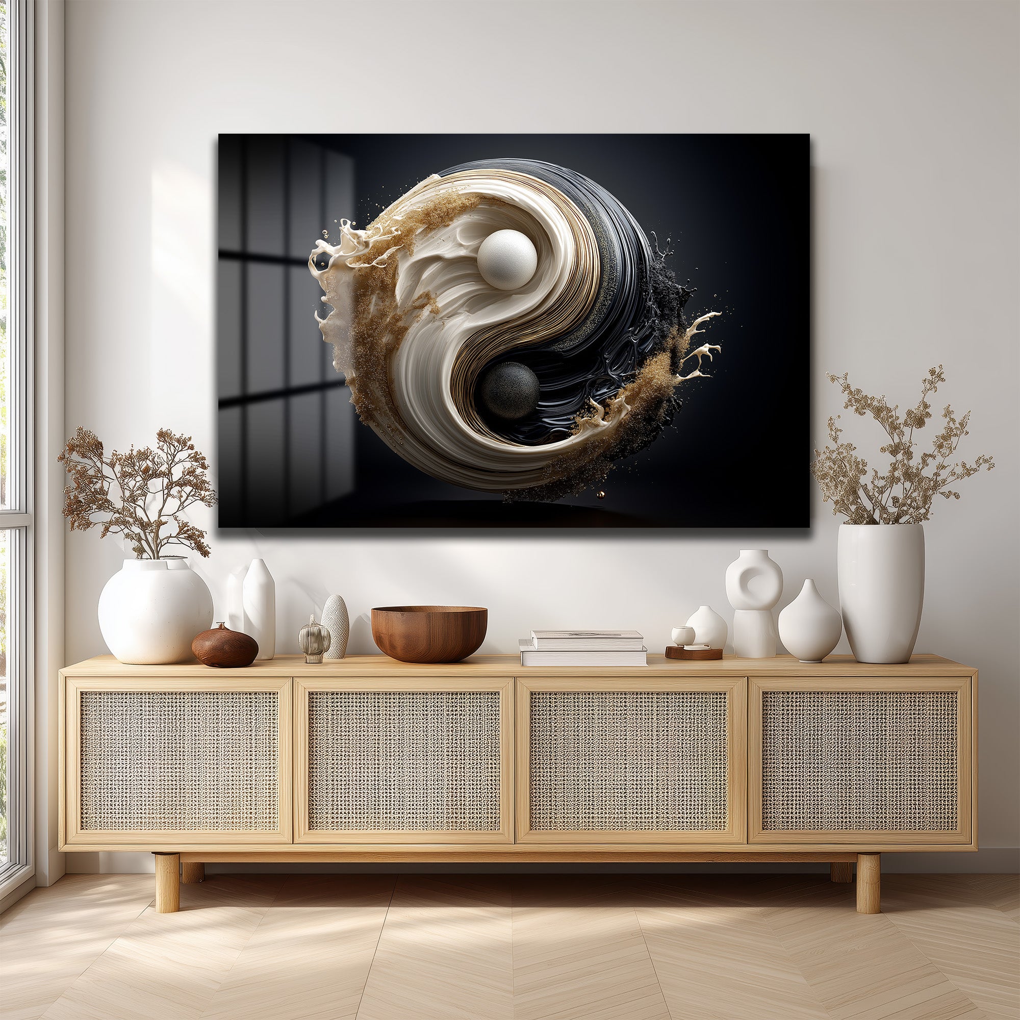 Yin Yang Enerjisi Siyah Beyaz Altın Detaylı Modern Cam Tablo