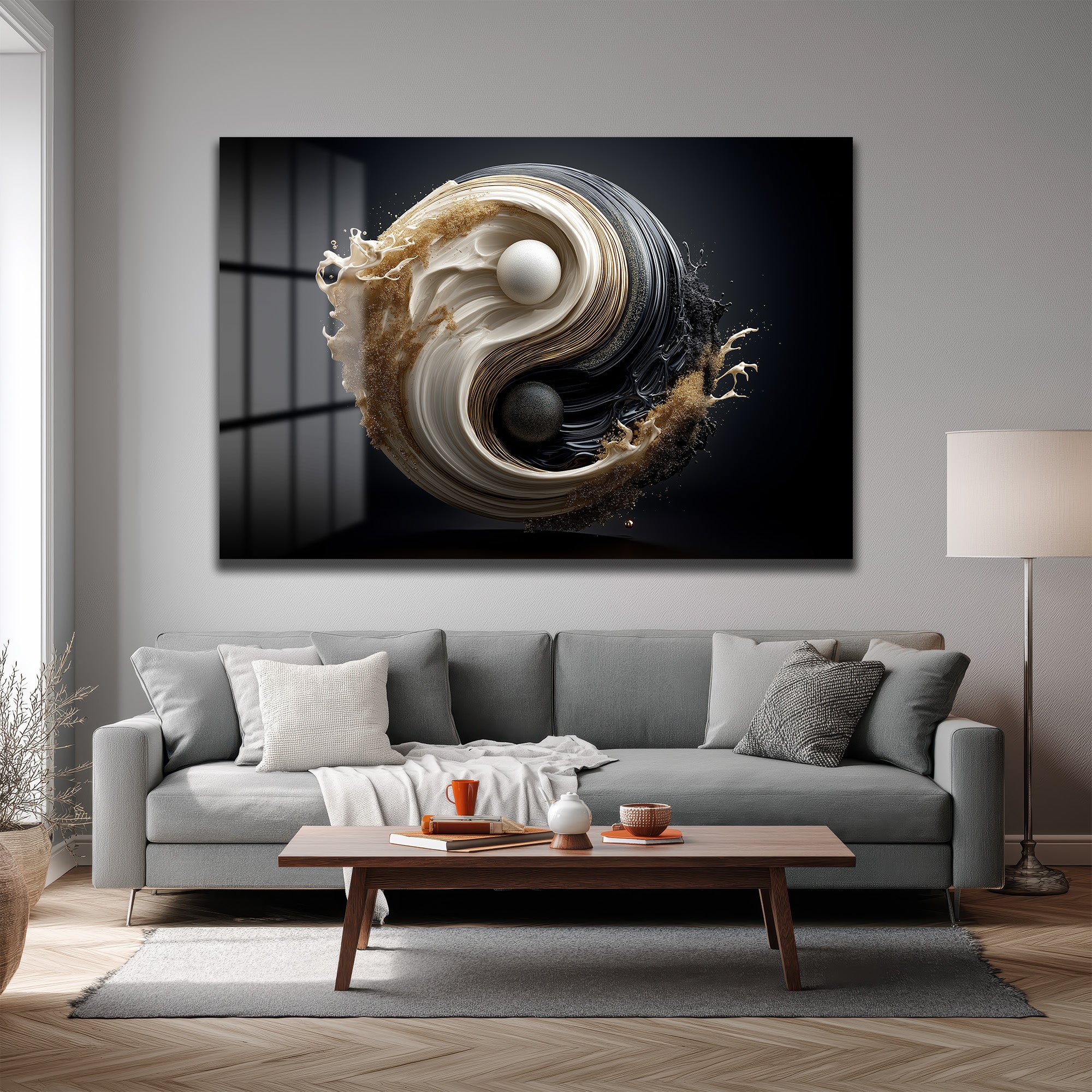 Yin Yang Enerjisi Siyah Beyaz Altın Detaylı Modern Cam Tablo