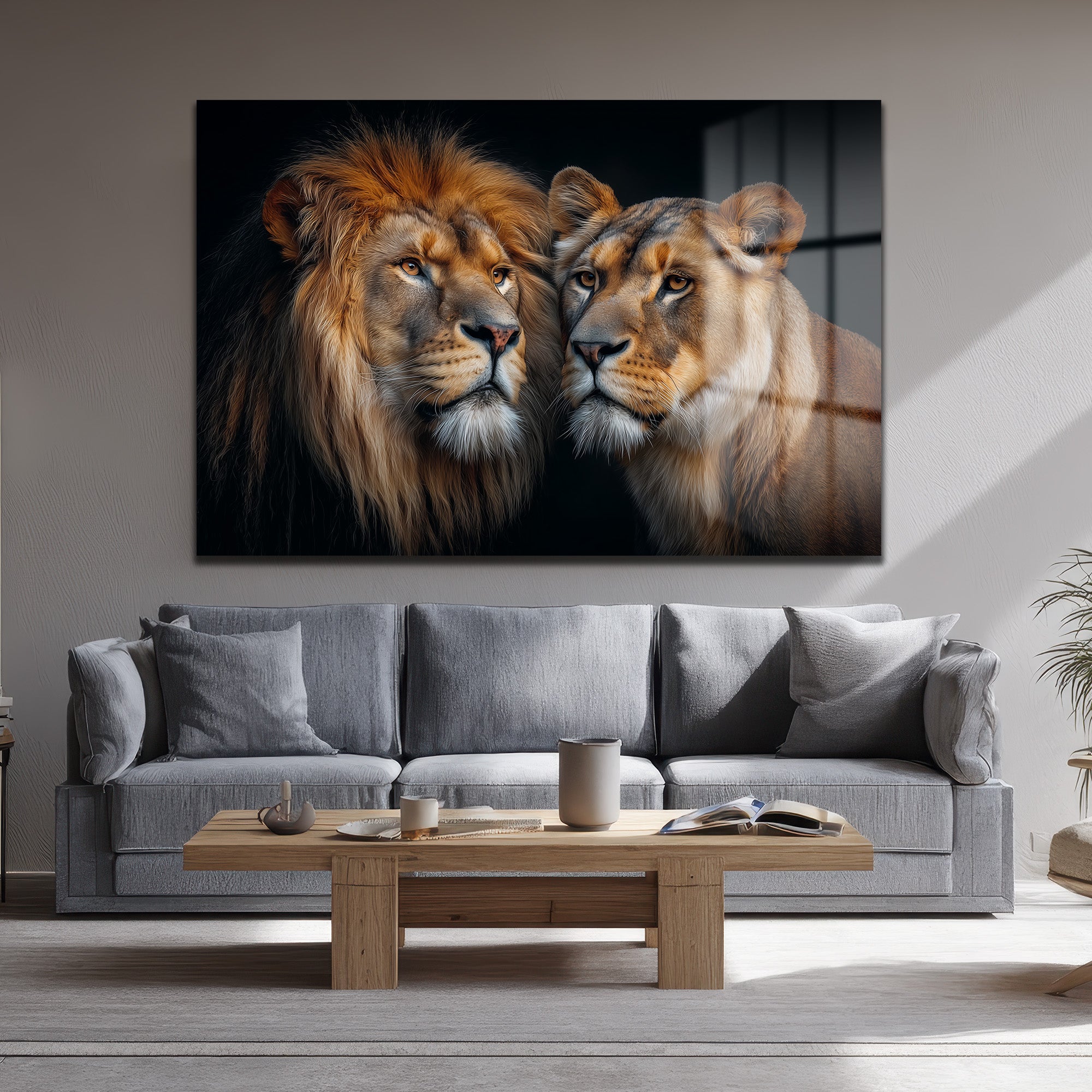 Aslan ve Dişi Aslanın Asil Bakışları Cam Tablo