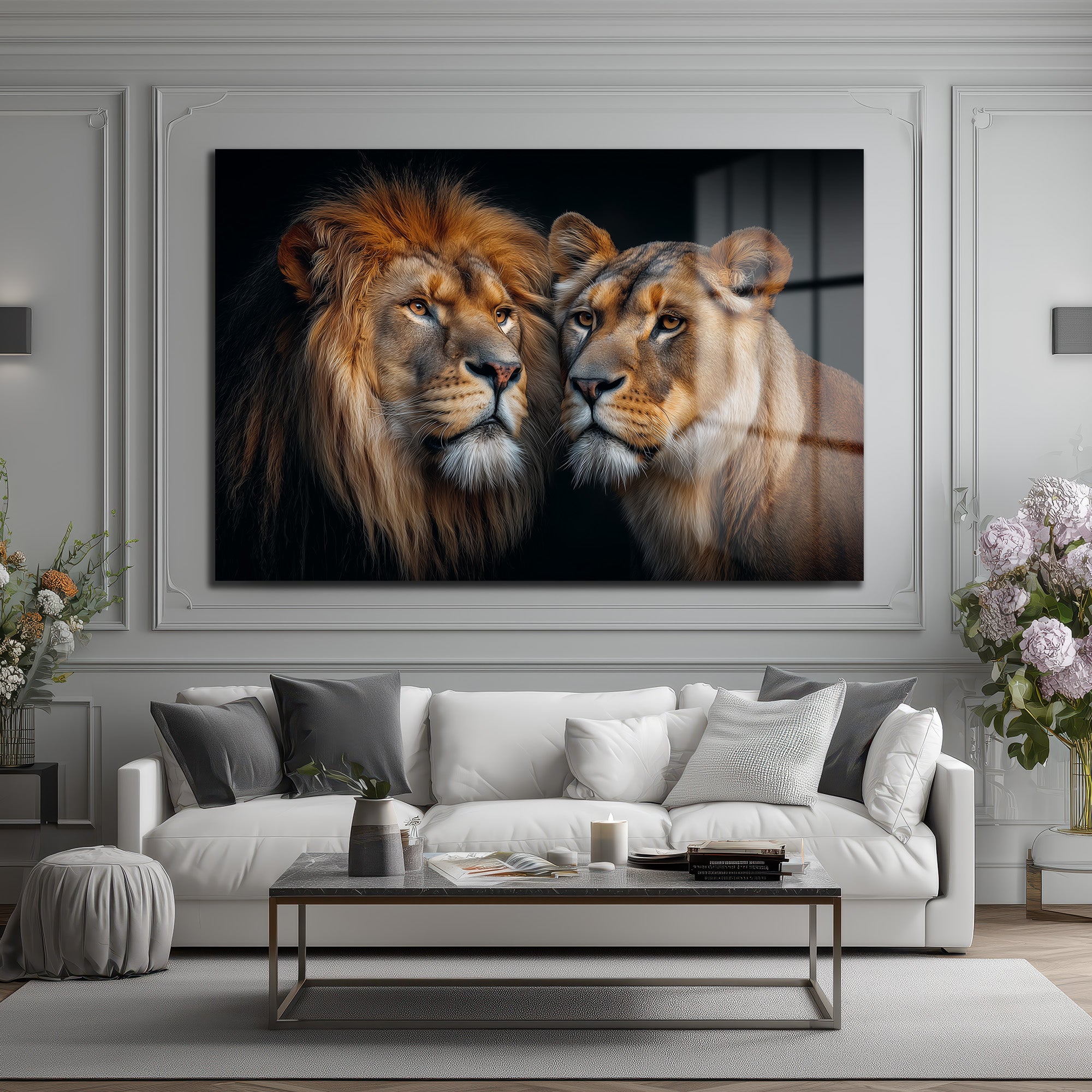 Aslan ve Dişi Aslanın Asil Bakışları Cam Tablo