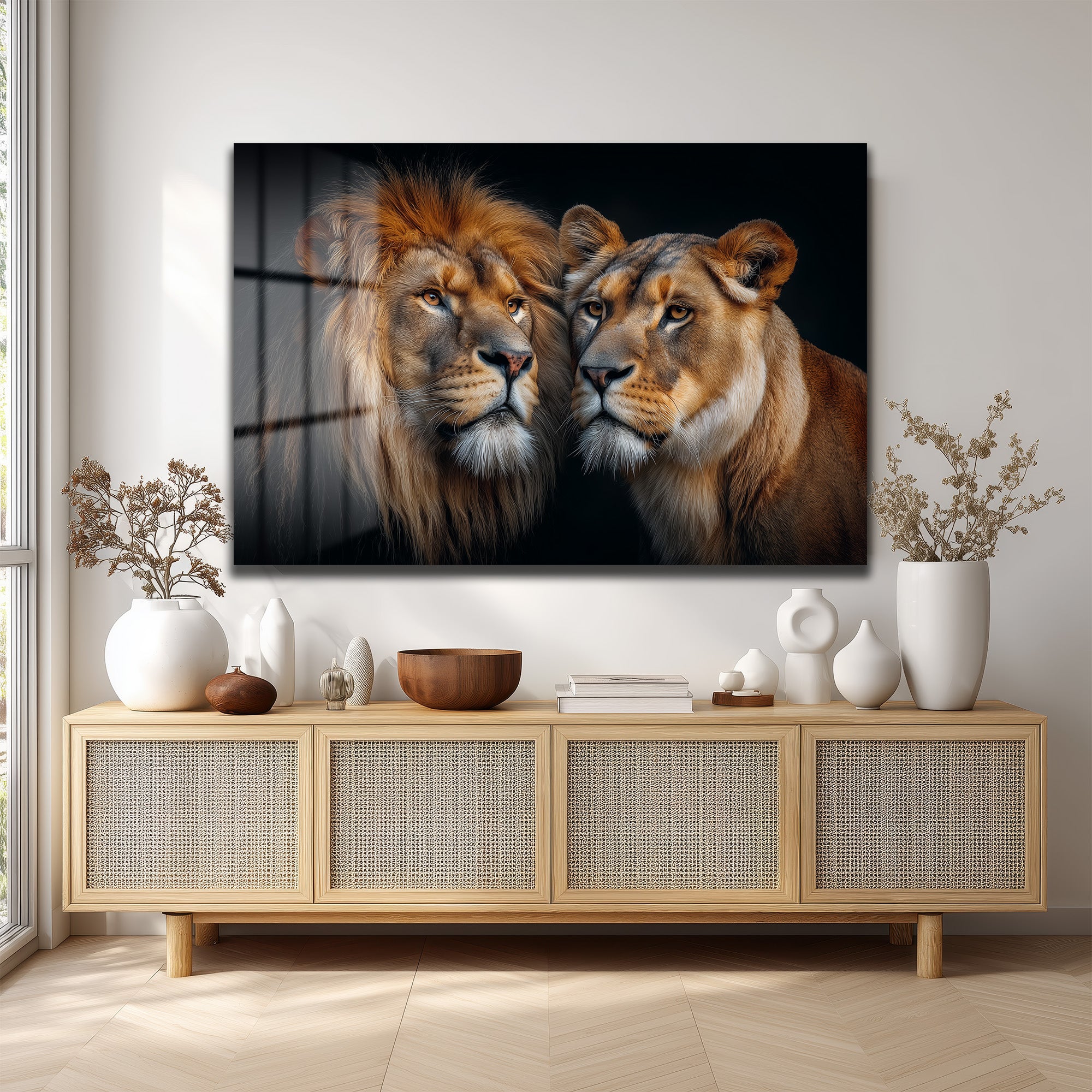 Aslan ve Dişi Aslanın Asil Bakışları Cam Tablo