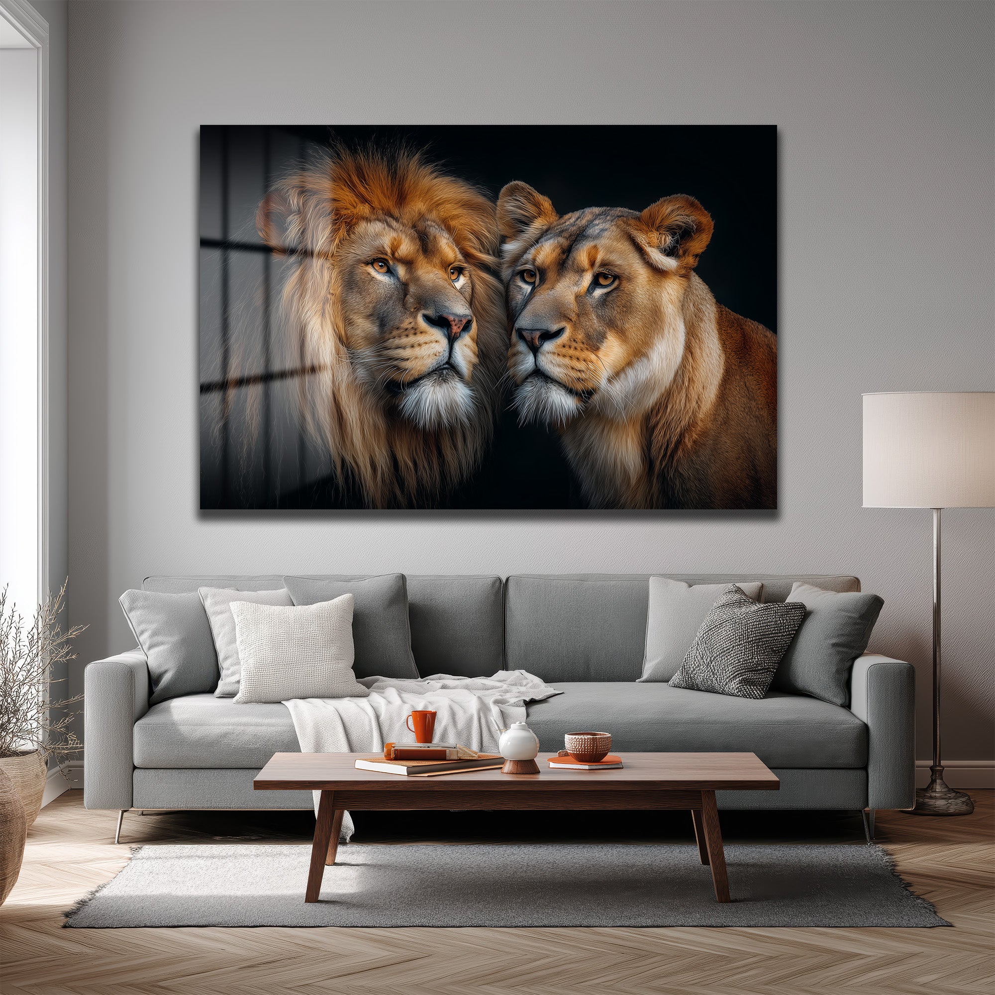 Aslan ve Dişi Aslanın Asil Bakışları Cam Tablo