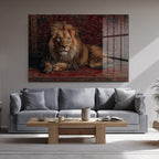 İhtişamlı Aslan ve Oryantal Halı Motifli Cam Tablo