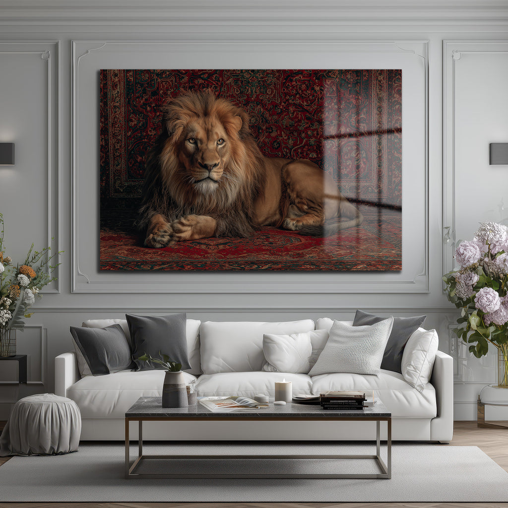 İhtişamlı Aslan ve Oryantal Halı Motifli Cam Tablo