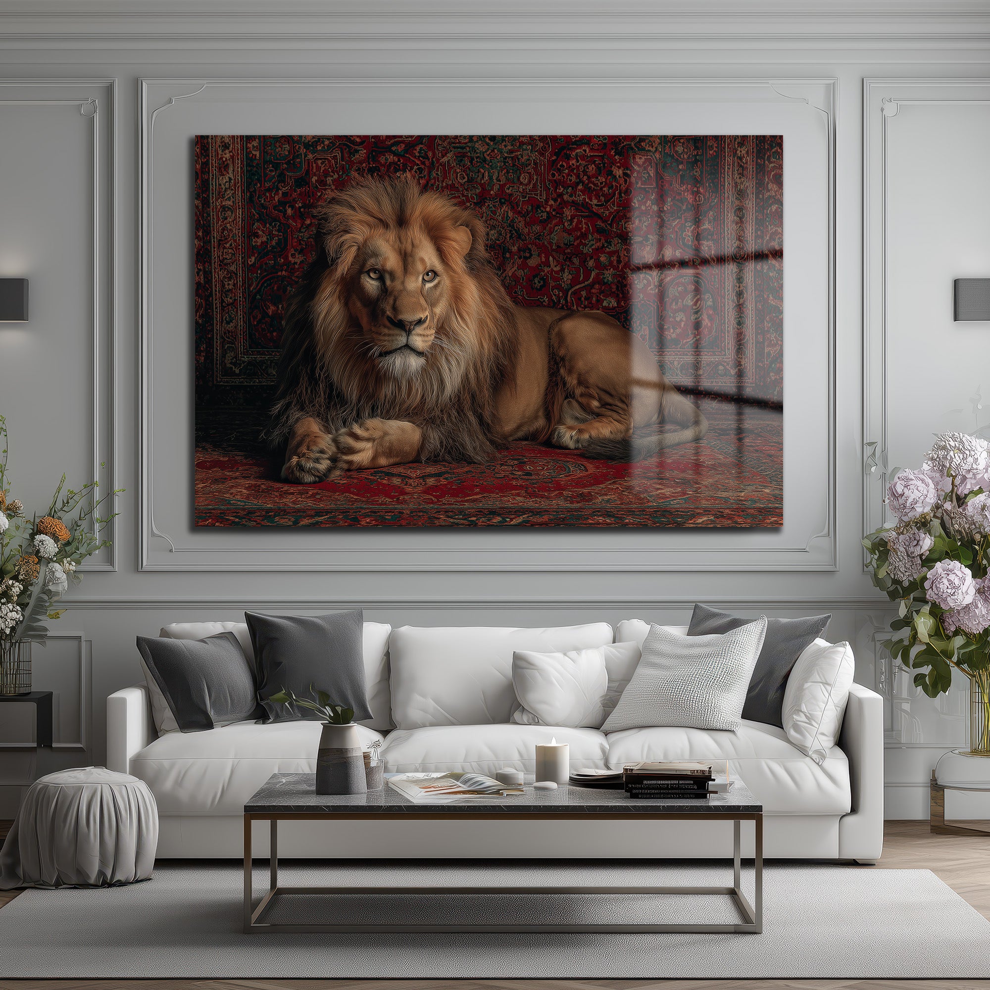 İhtişamlı Aslan ve Oryantal Halı Motifli Cam Tablo