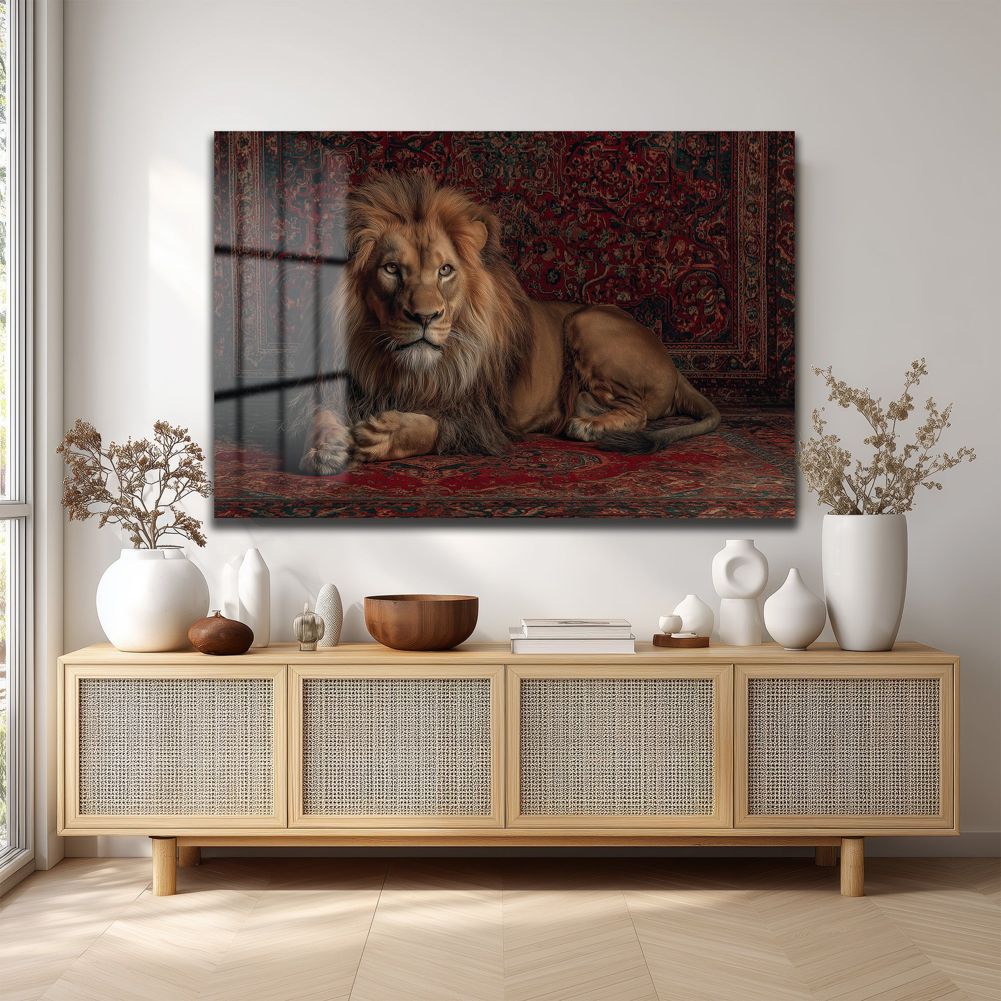 İhtişamlı Aslan ve Oryantal Halı Motifli Cam Tablo