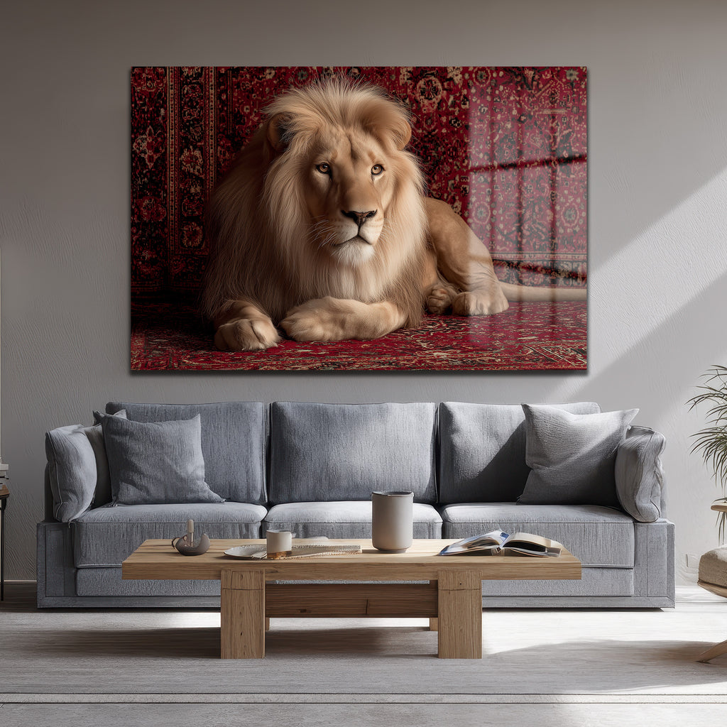 Asil Aslan Kırmızı Halı Üzerinde Lüks Cam Tablo