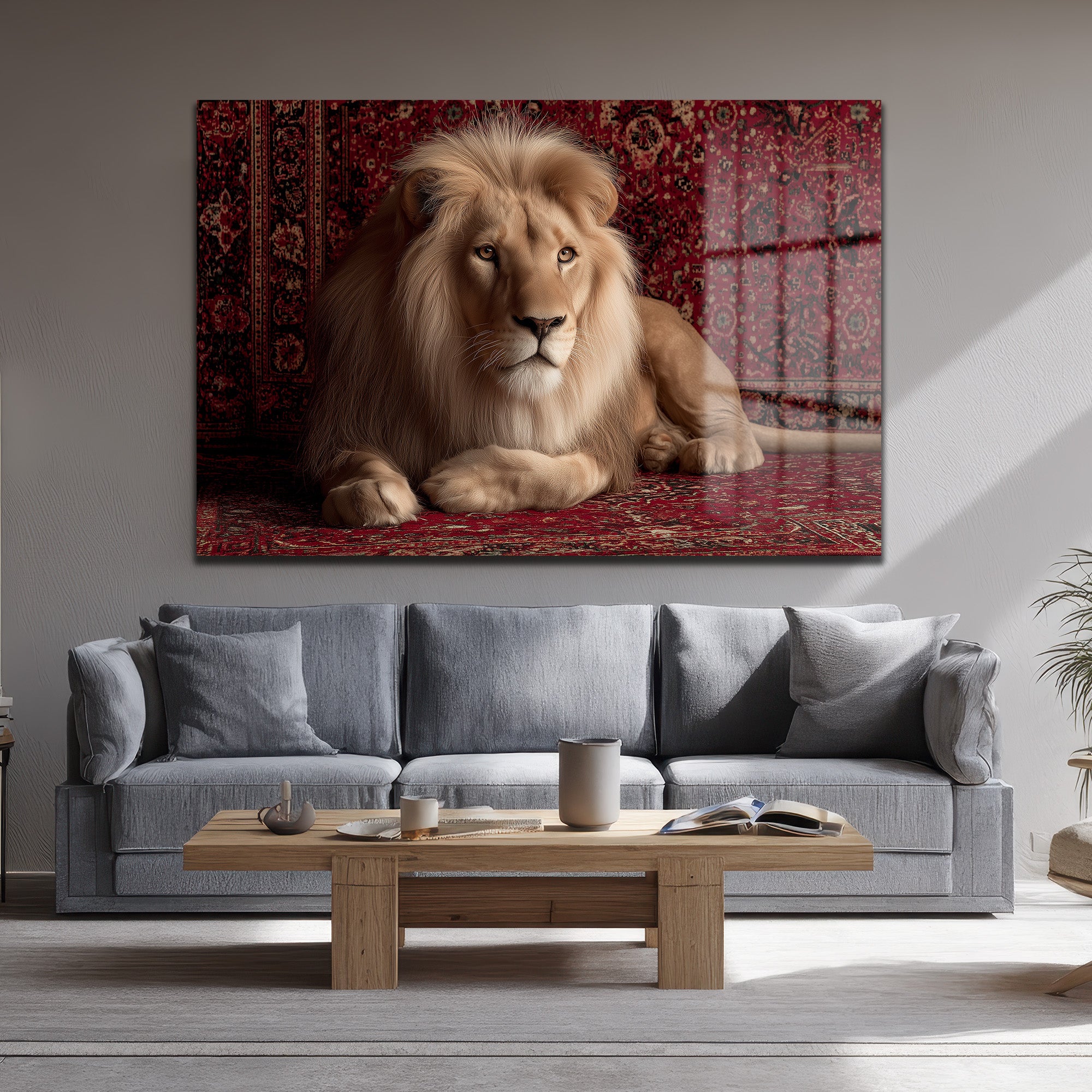Asil Aslan Kırmızı Halı Üzerinde Lüks Cam Tablo