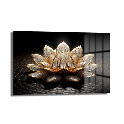 Altın Lotus Çiçeği Lüks Cam Tablo