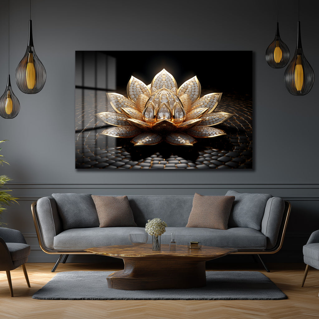 Altın Lotus Çiçeği Lüks Cam Tablo