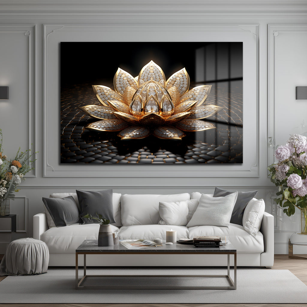 Altın Lotus Çiçeği Lüks Cam Tablo