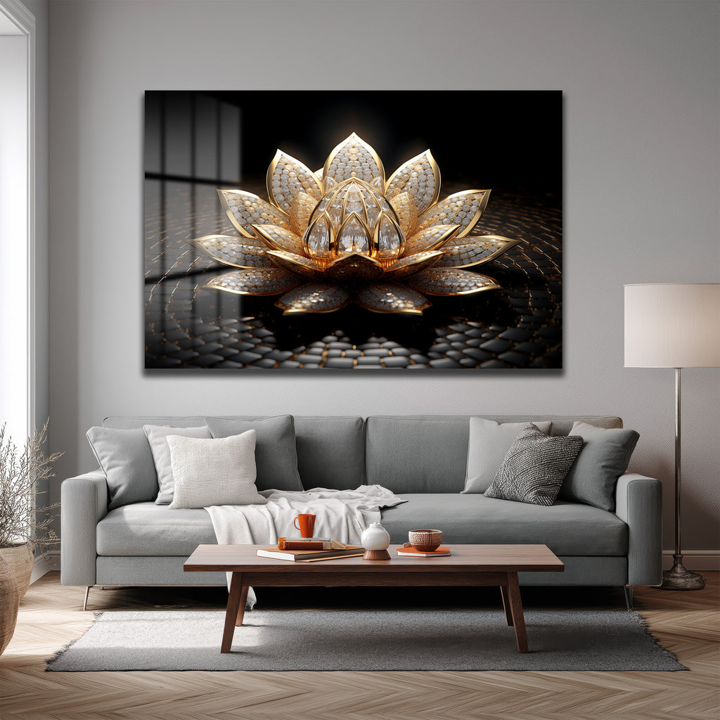 Altın Lotus Çiçeği Lüks Cam Tablo