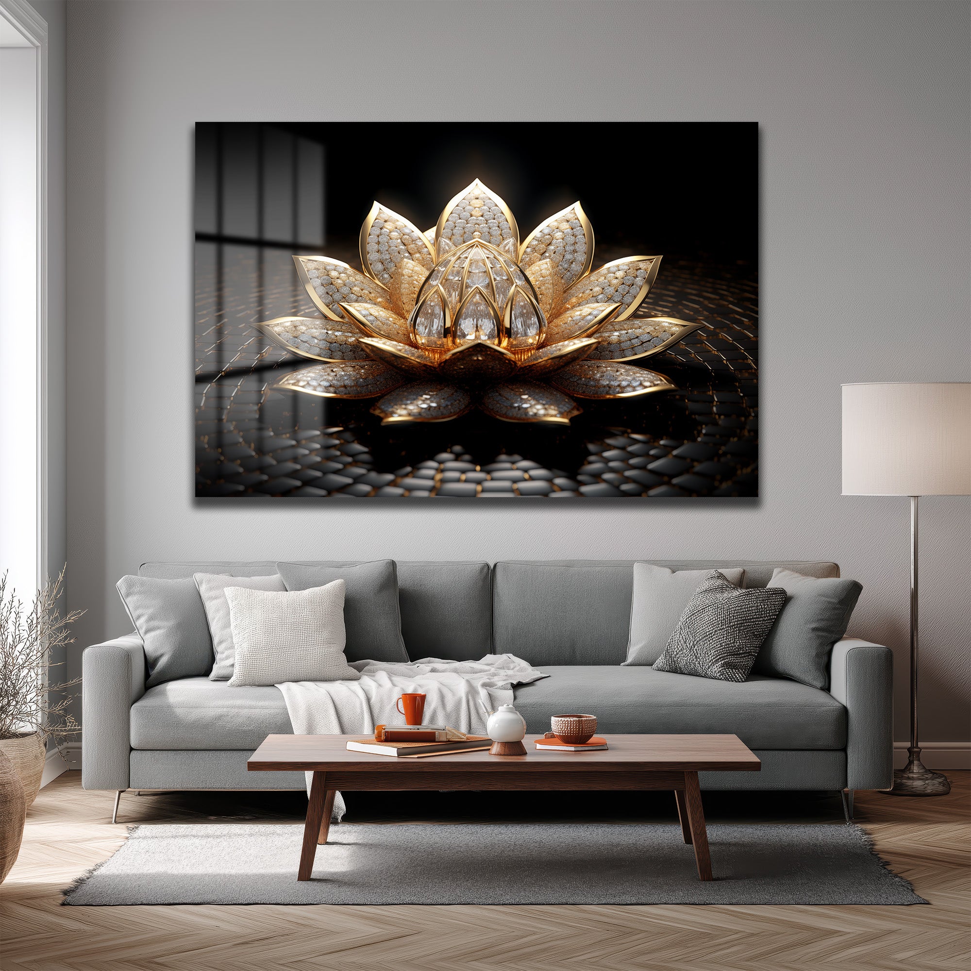 Altın Lotus Çiçeği Lüks Cam Tablo