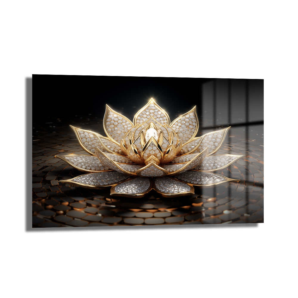Işıltılı Altın Lotus Çiçeği Temalı Lüks Cam Tablo
