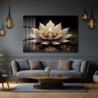Işıltılı Altın Lotus Çiçeği Temalı Lüks Cam Tablo