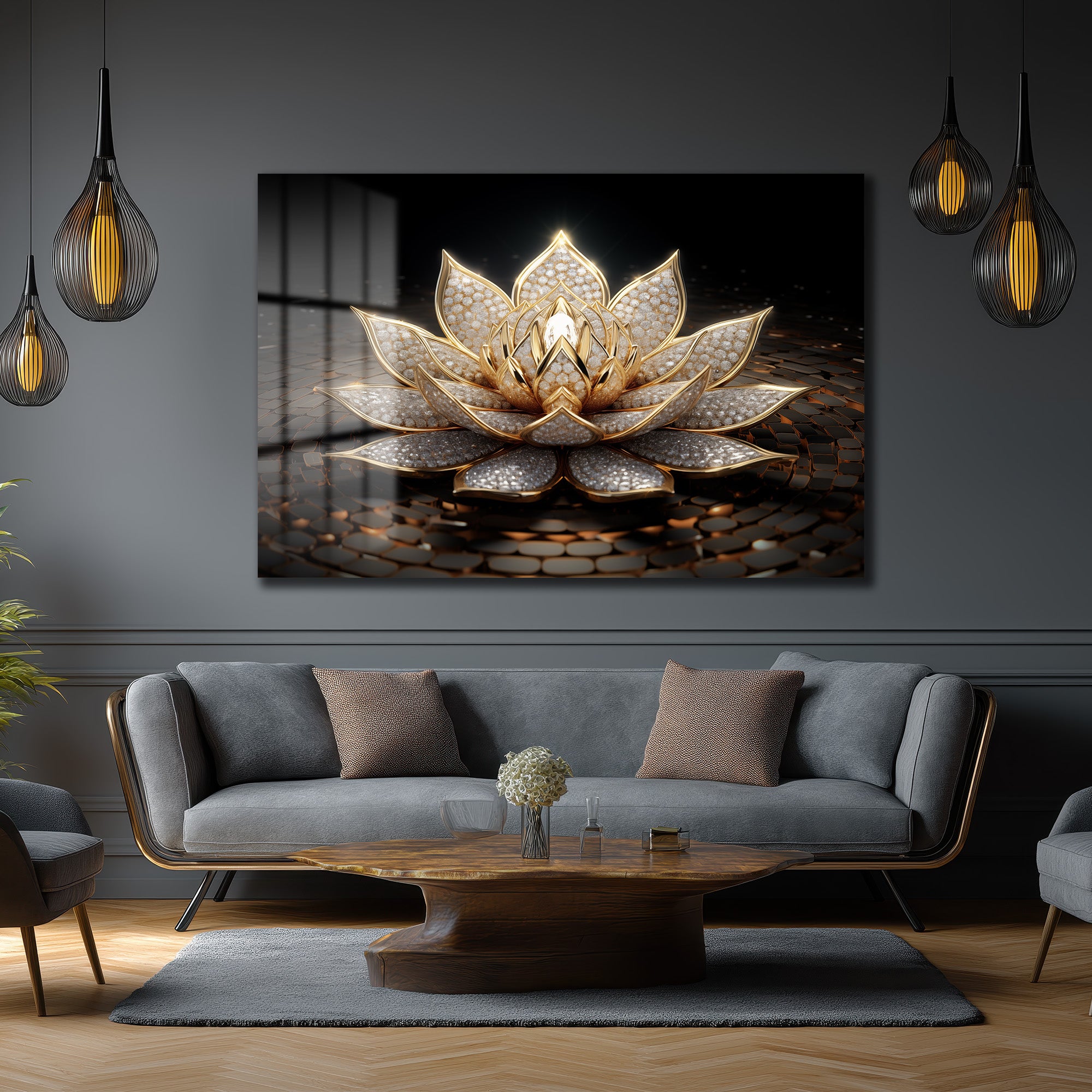 Işıltılı Altın Lotus Çiçeği Temalı Lüks Cam Tablo