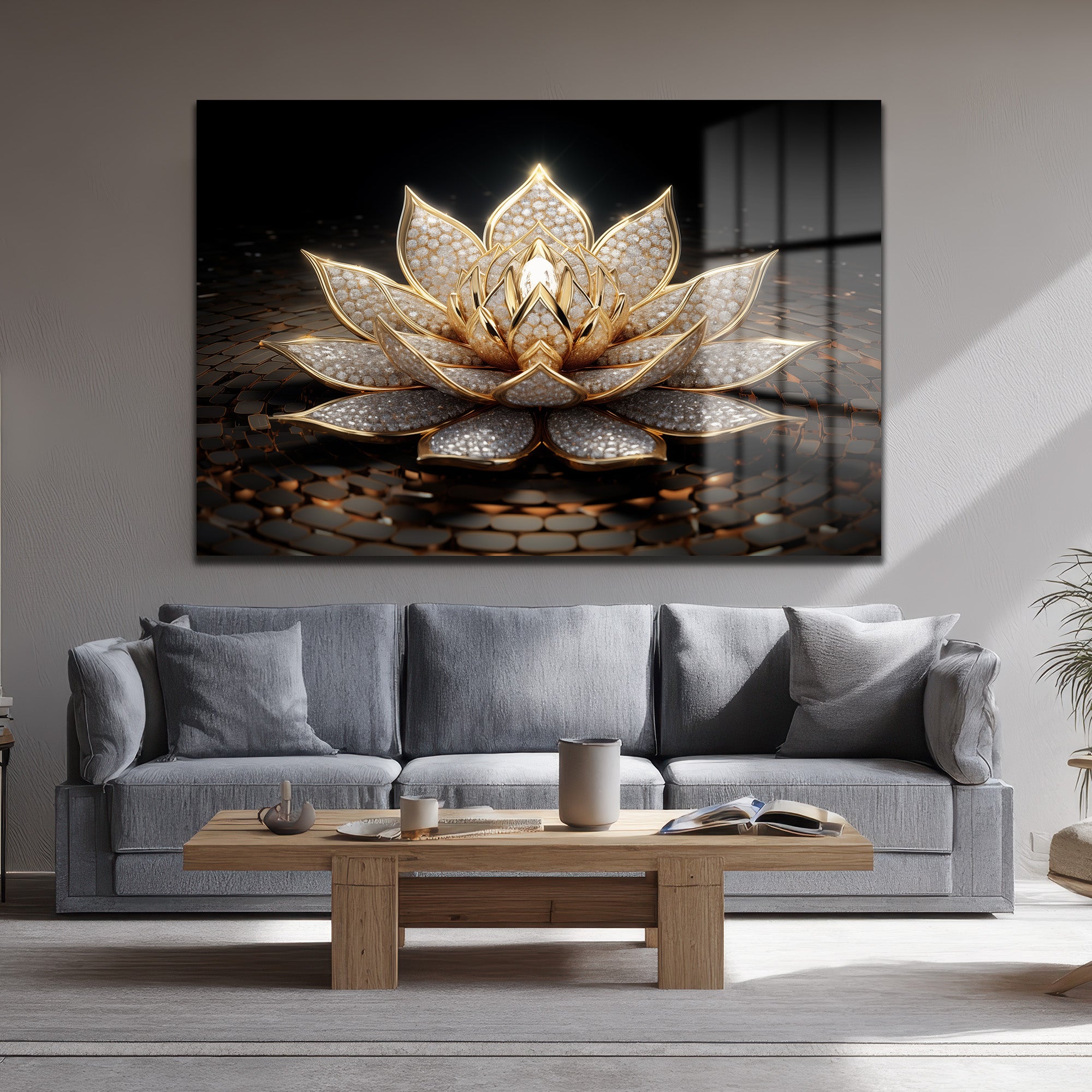 Işıltılı Altın Lotus Çiçeği Temalı Lüks Cam Tablo
