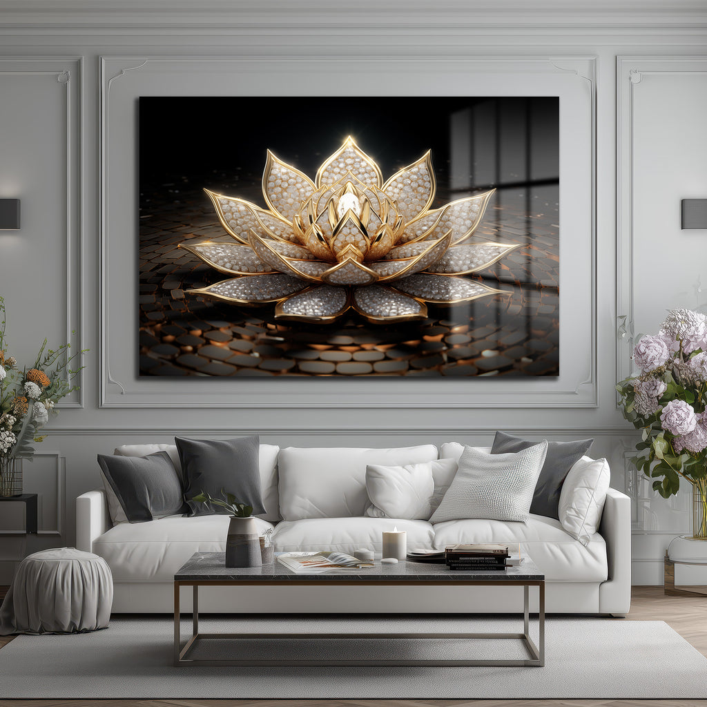 Işıltılı Altın Lotus Çiçeği Temalı Lüks Cam Tablo