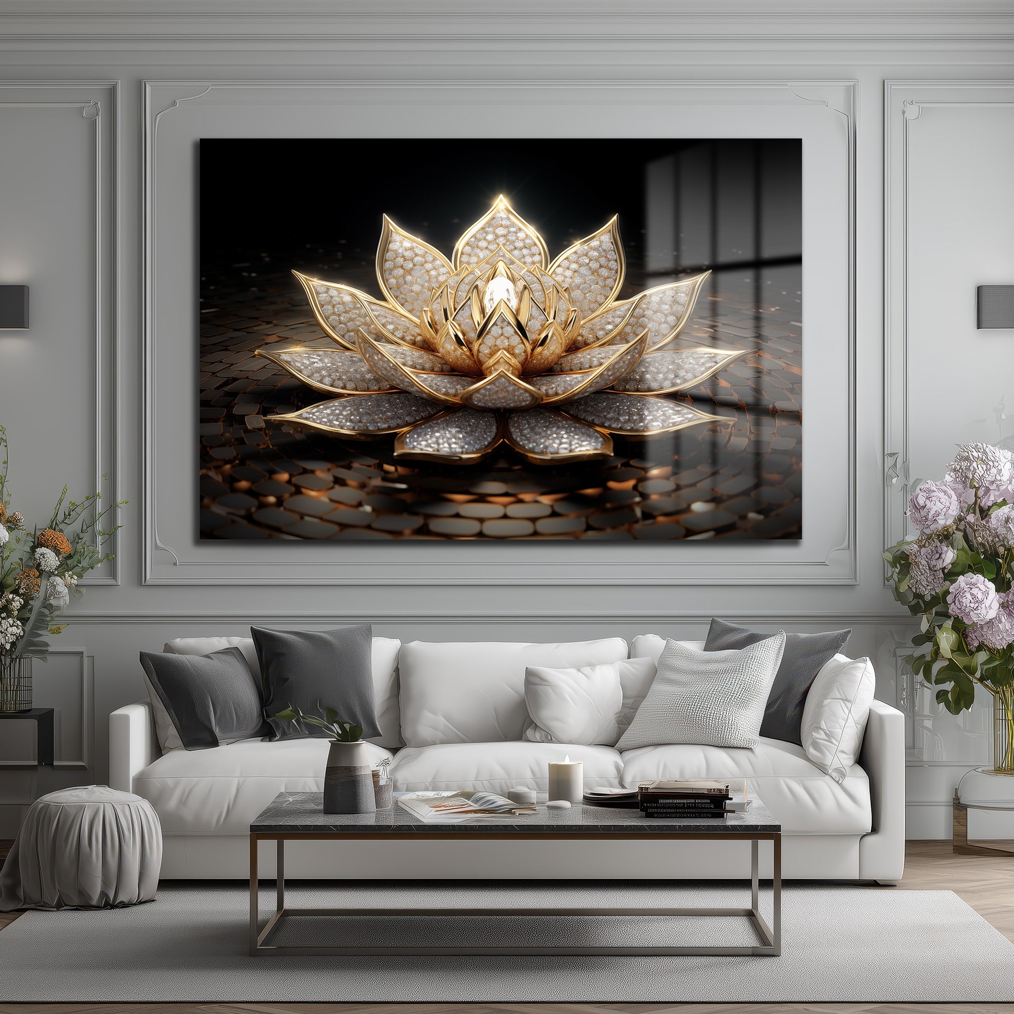 Işıltılı Altın Lotus Çiçeği Temalı Lüks Cam Tablo