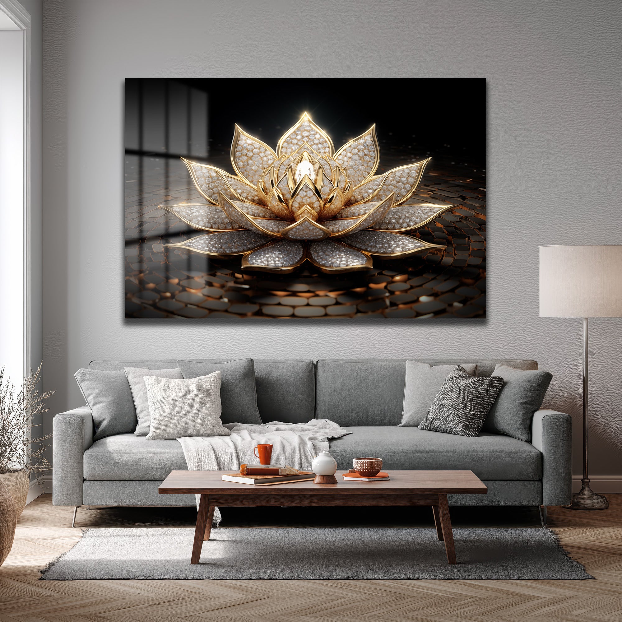 Işıltılı Altın Lotus Çiçeği Temalı Lüks Cam Tablo