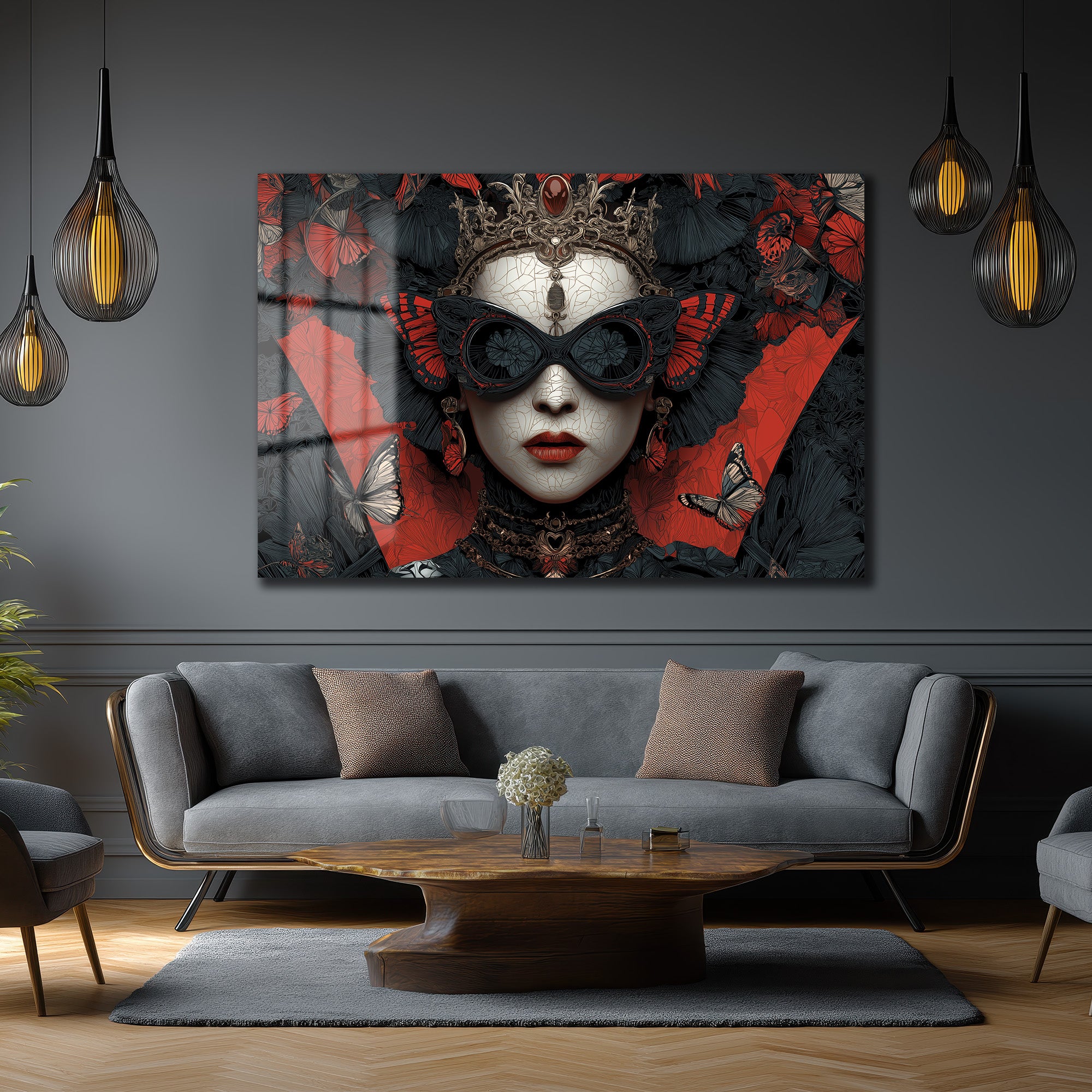 Kelebek Maskeli Kraliçe Cam Tablo - Gotik Sanat Duvar Dekoru