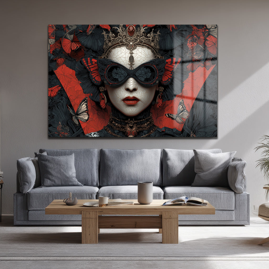 Kelebek Maskeli Kraliçe Cam Tablo - Gotik Sanat Duvar Dekoru