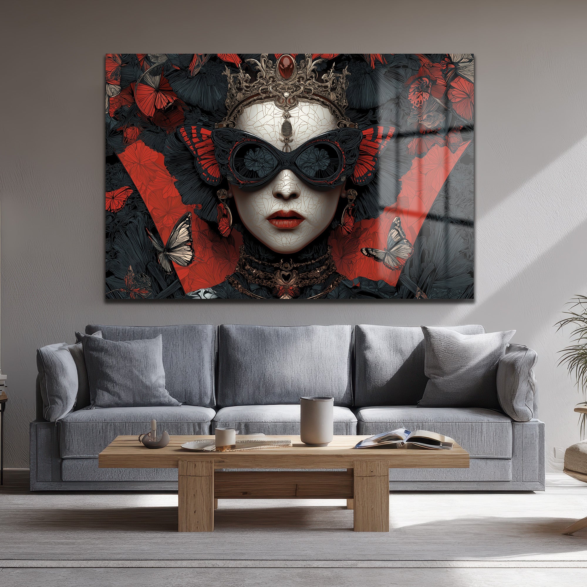 Kelebek Maskeli Kraliçe Cam Tablo - Gotik Sanat Duvar Dekoru