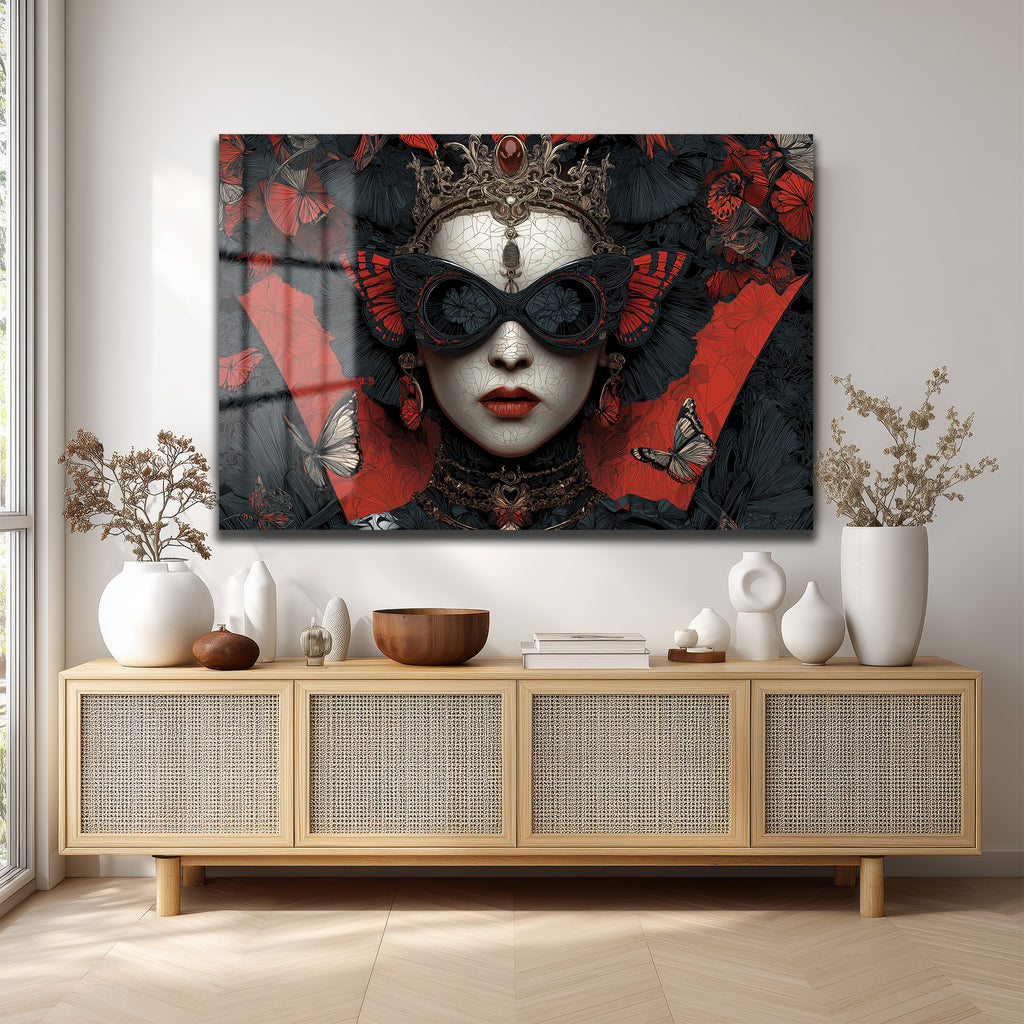 Kelebek Maskeli Kraliçe Cam Tablo - Gotik Sanat Duvar Dekoru