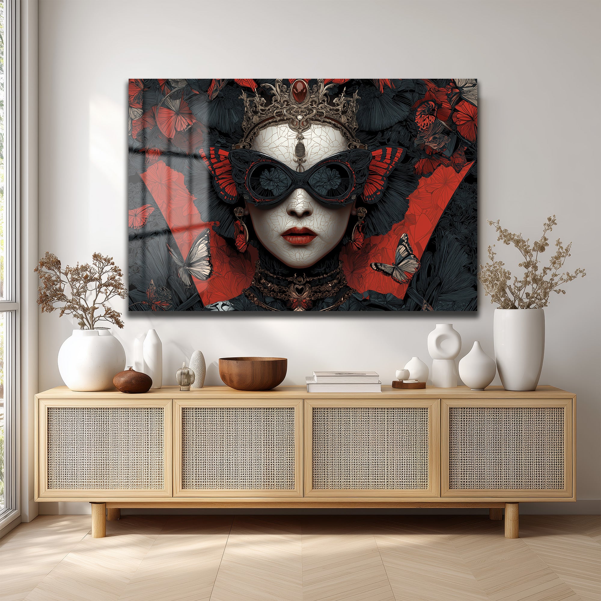 Kelebek Maskeli Kraliçe Cam Tablo - Gotik Sanat Duvar Dekoru