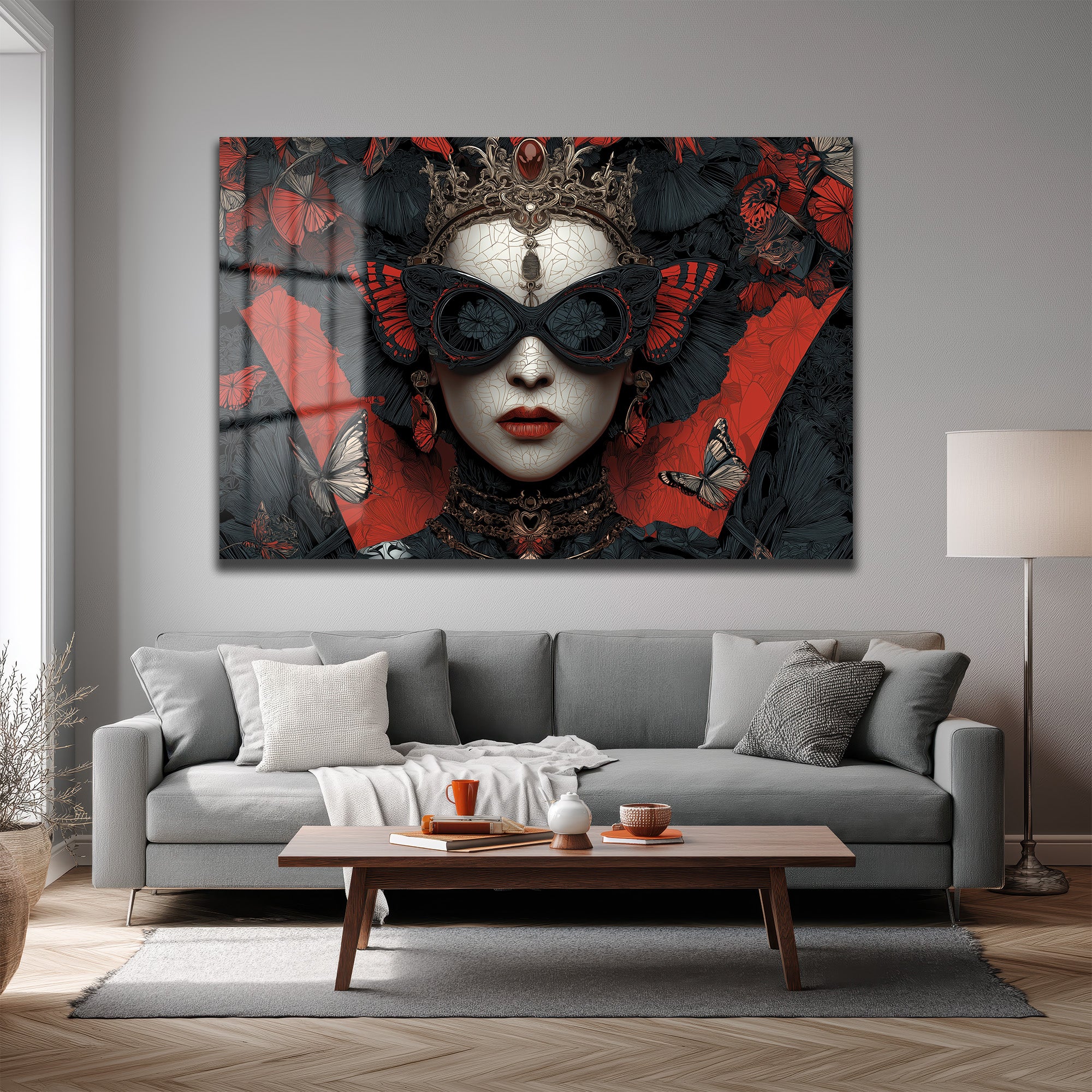Kelebek Maskeli Kraliçe Cam Tablo - Gotik Sanat Duvar Dekoru