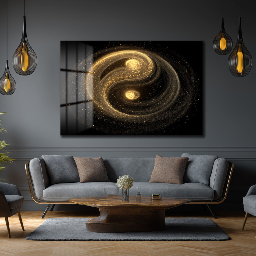 Kozmik Denge: Işıltılı Altın Yin Yang Cam Tablo