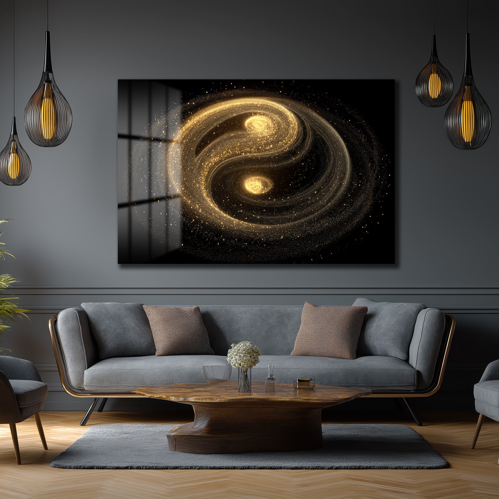Kozmik Denge: Işıltılı Altın Yin Yang Cam Tablo