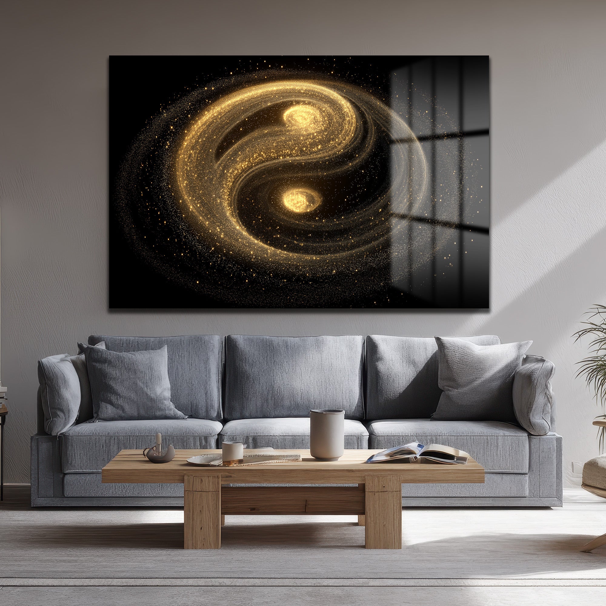 Kozmik Denge: Işıltılı Altın Yin Yang Cam Tablo