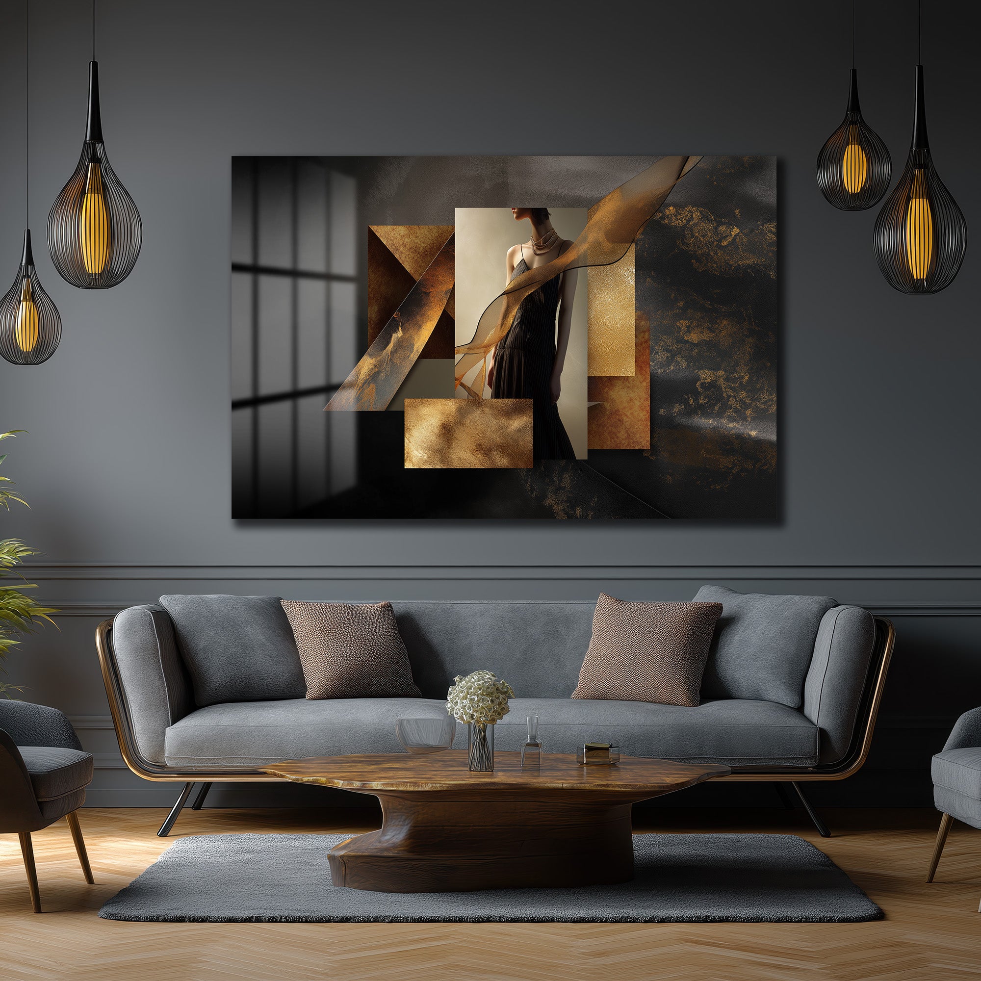 Lüks Altın Detaylı ve Gizemli Kadın Figürlü Modern Cam Tablo