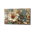 Bej, krem ve pastel mavi tonlarında, katmanlı ve üç boyutlu dokuya sahip, zarif çiçek ve yaprak motifleriyle dolu modern bir cam tablo görseli.