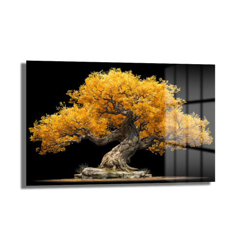 Altın Yapraklı Bonsai Ağacı Cam Tablo - Doğanın Gücü