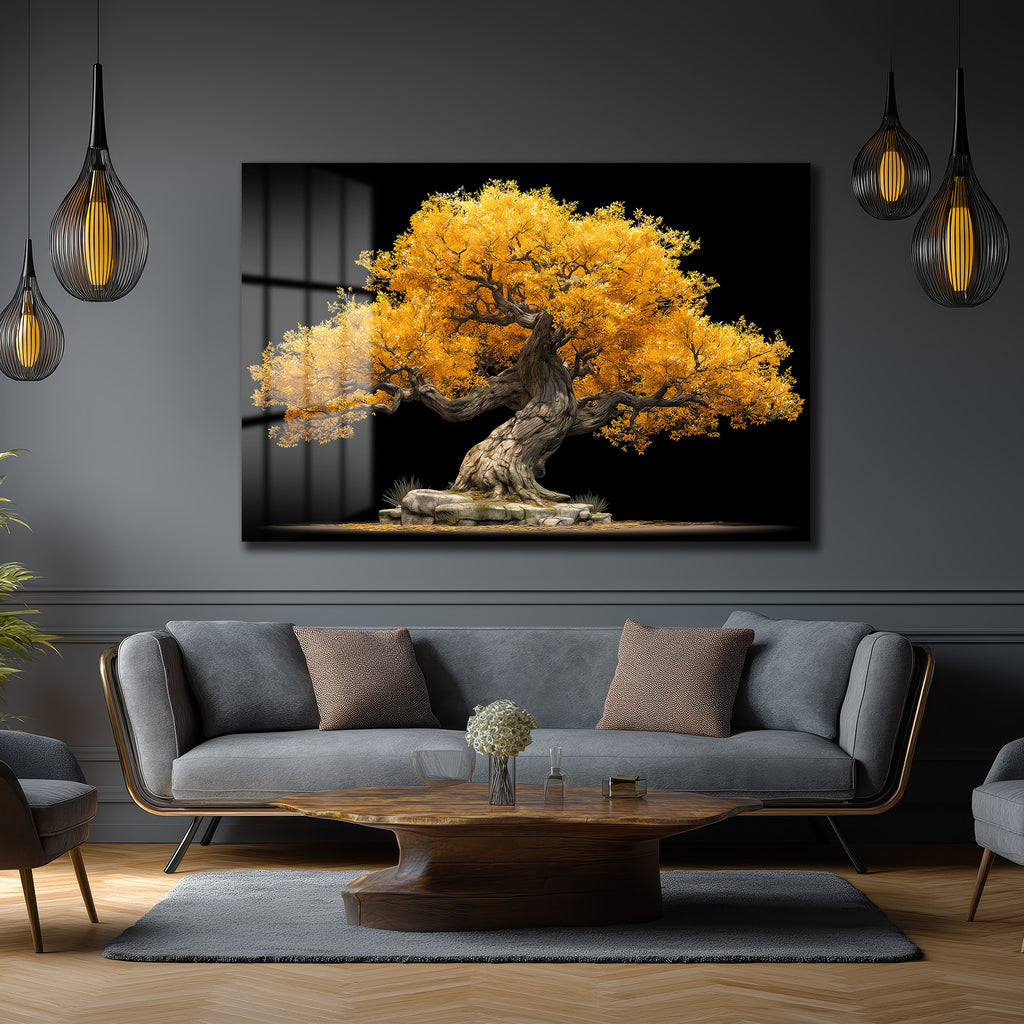 Altın Yapraklı Bonsai Ağacı Cam Tablo - Doğanın Gücü