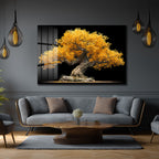Altın Yapraklı Bonsai Ağacı Cam Tablo - Doğanın Gücü