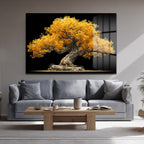 Altın Yapraklı Bonsai Ağacı Cam Tablo - Doğanın Gücü