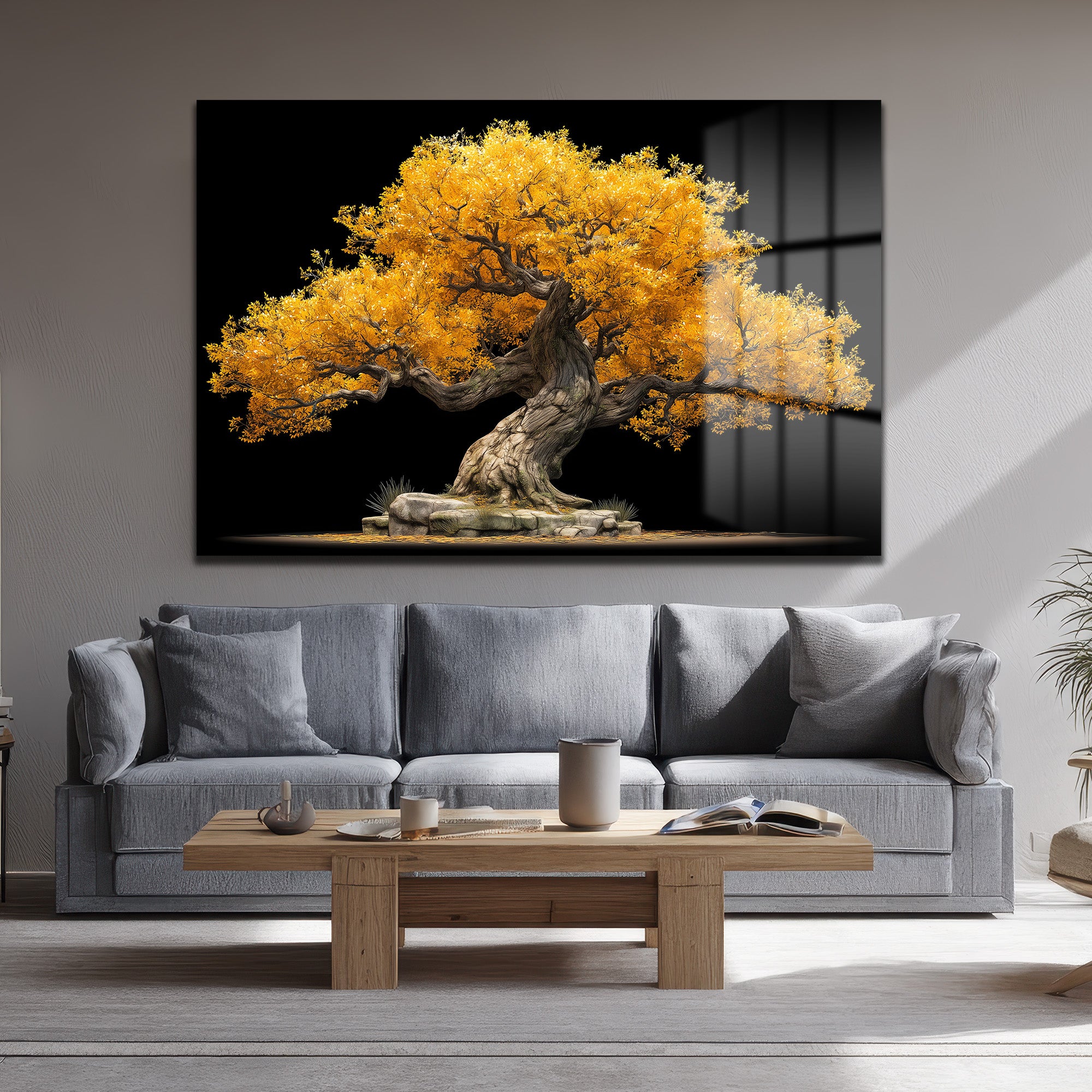 Altın Yapraklı Bonsai Ağacı Cam Tablo - Doğanın Gücü