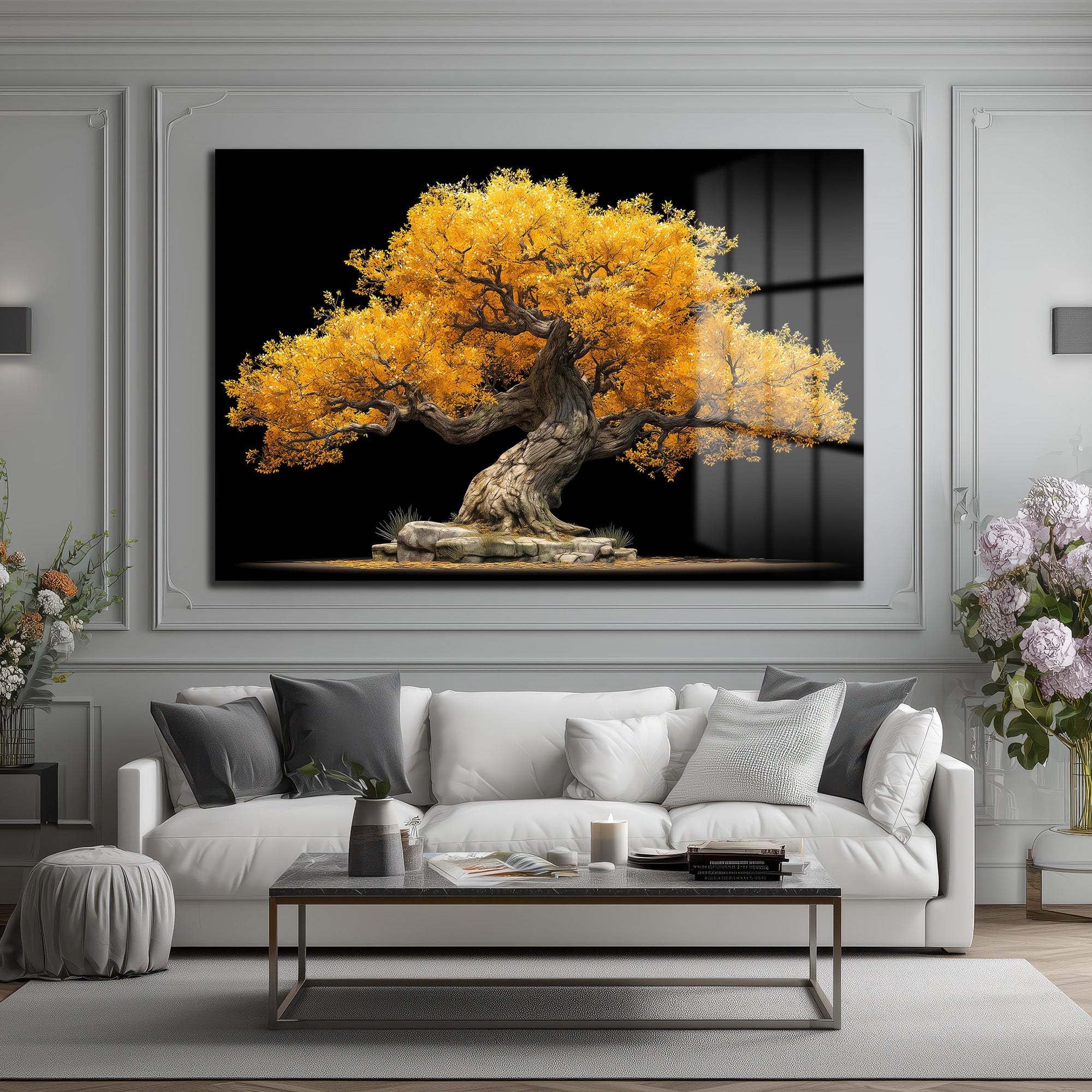 Altın Yapraklı Bonsai Ağacı Cam Tablo - Doğanın Gücü