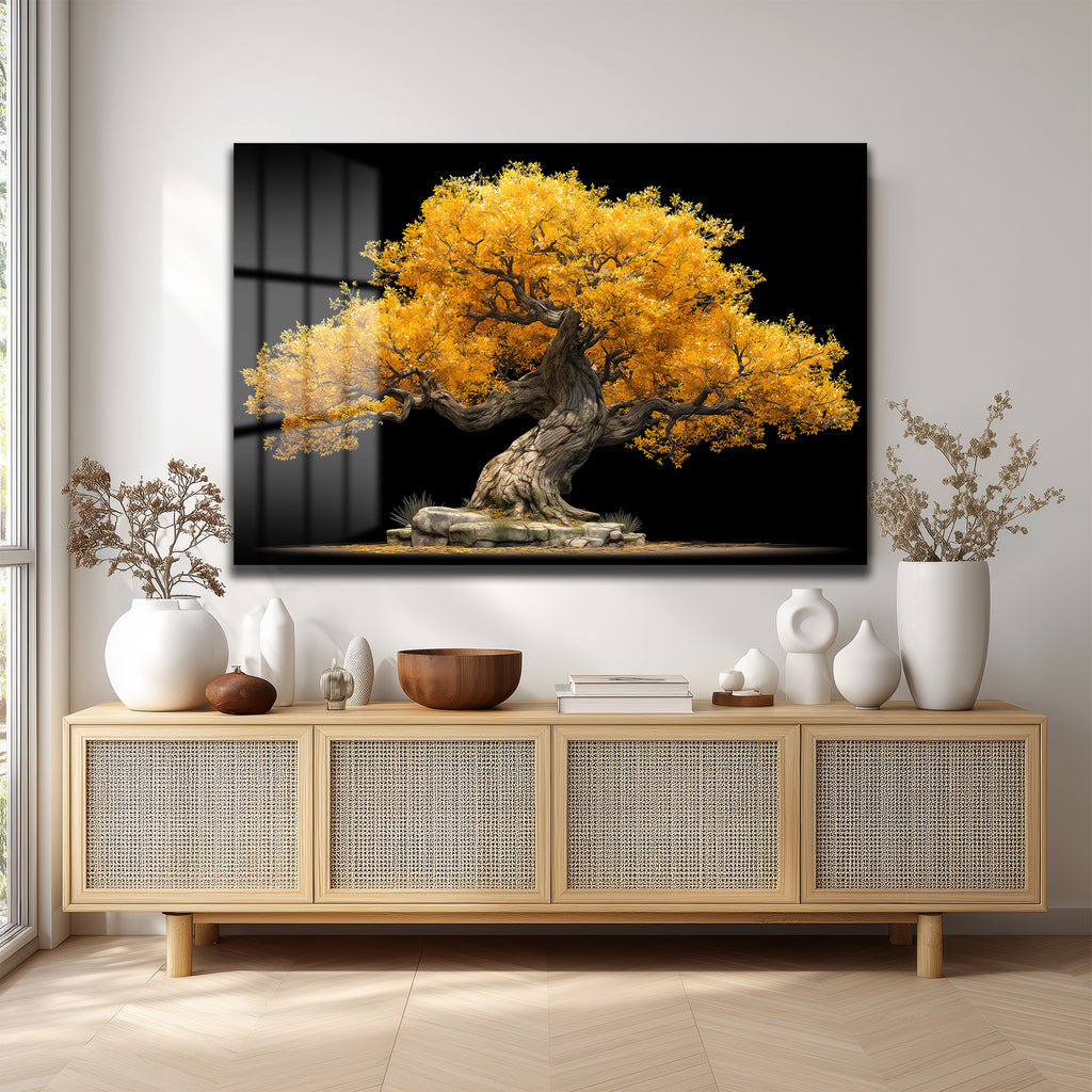 Altın Yapraklı Bonsai Ağacı Cam Tablo - Doğanın Gücü