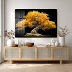 Altın Yapraklı Bonsai Ağacı Cam Tablo - Doğanın Gücü