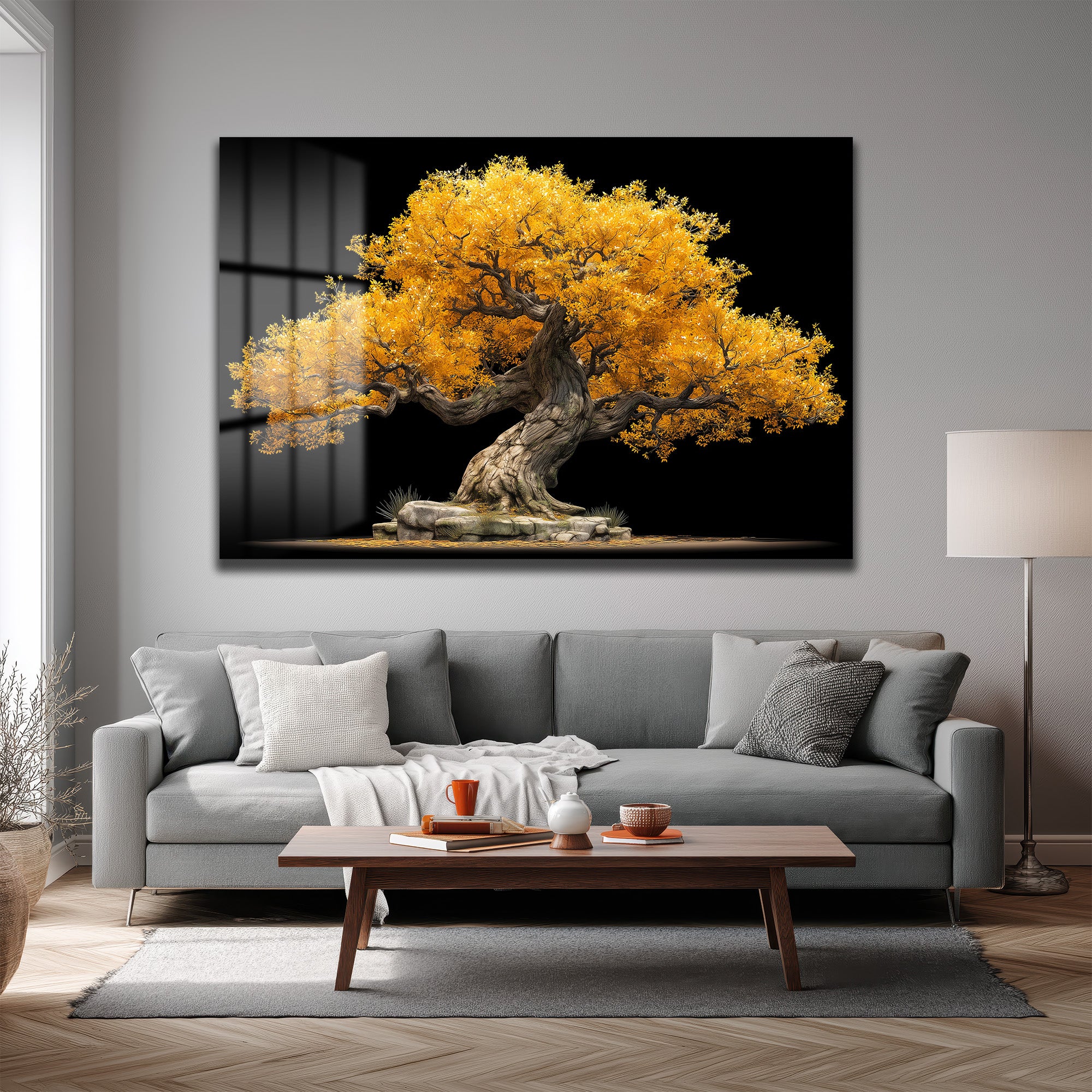 Altın Yapraklı Bonsai Ağacı Cam Tablo - Doğanın Gücü