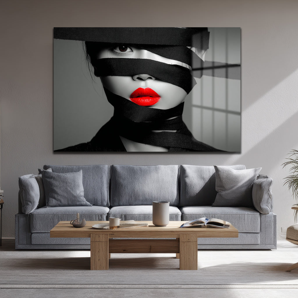 Siyah Kurdeleli Kırmızı Dudaklar Cam Tablo - Modern Sanat