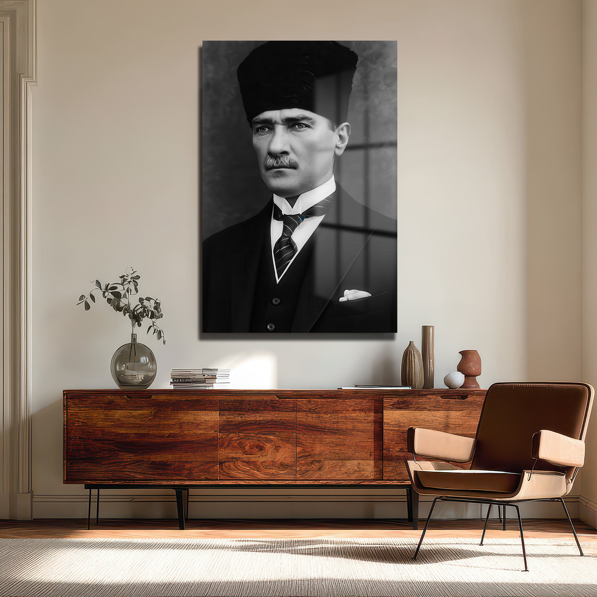Atatürk'ün Asil Bakışı: Siyah Beyaz Temperli Cam Tablo