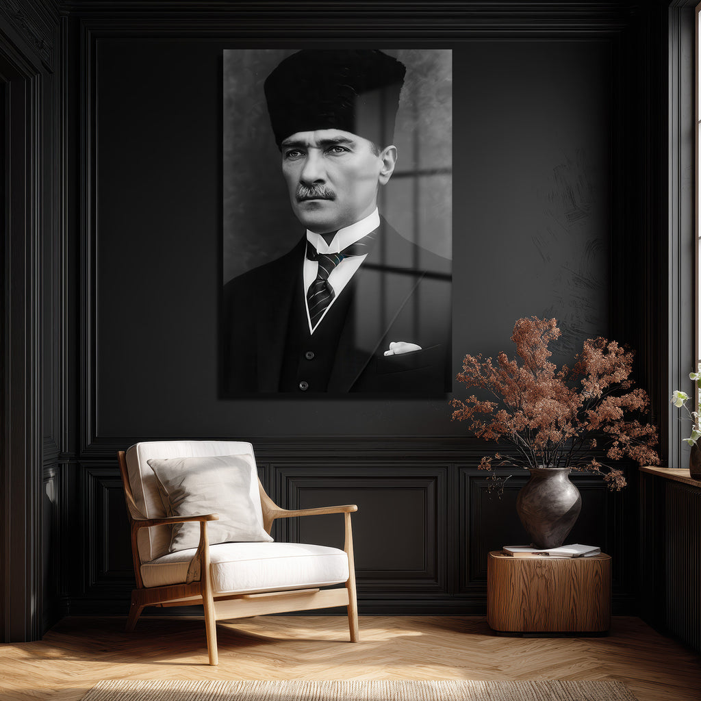 Atatürk'ün Asil Bakışı: Siyah Beyaz Temperli Cam Tablo